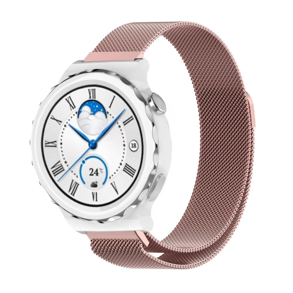 Milanese Strap, pink, on a watch, 3/4 front view