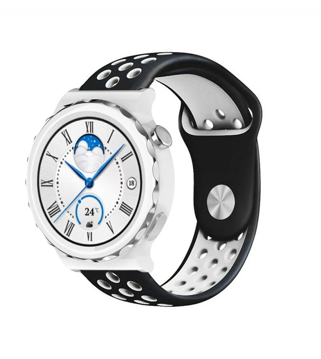 Silicone Sport Strap, black/white, on a watch, 3/4 front view