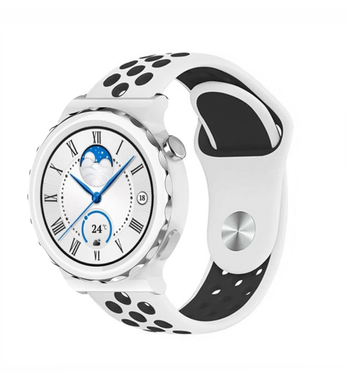 Silicone Sport Strap, white/black, on a watch, 3/4 front view