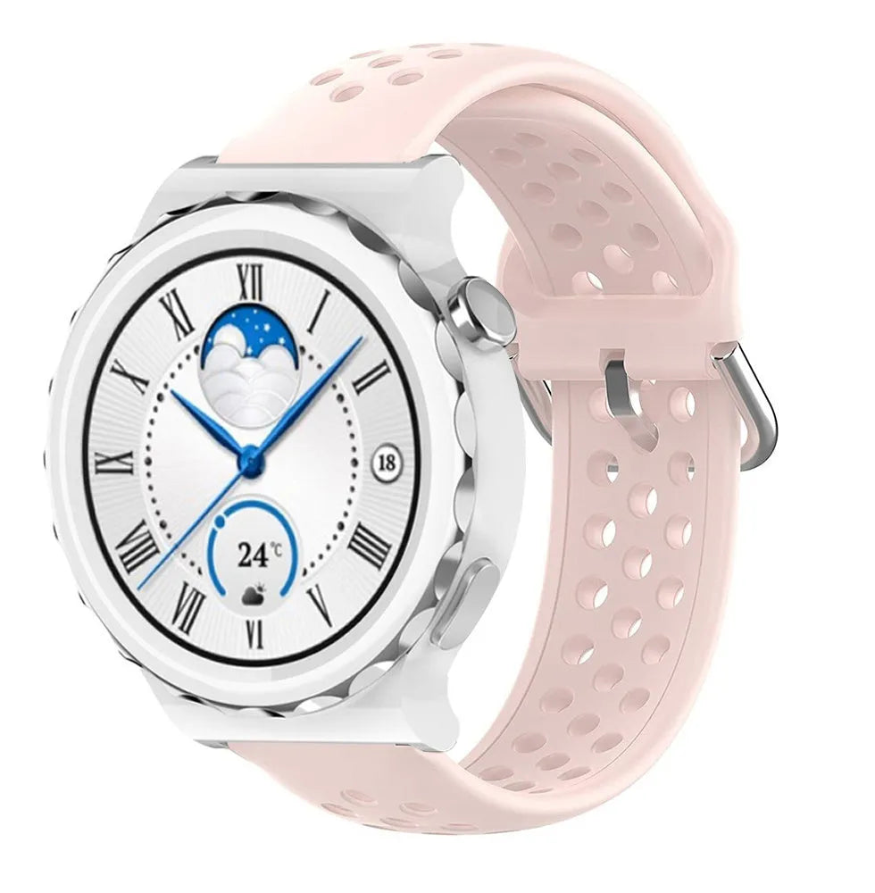 Breathable Silicone Strap, pink, on a watch, 3/4 front view
