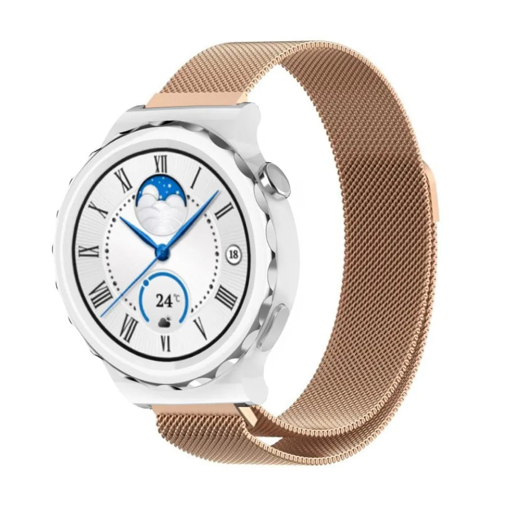 Milanese Strap, rose gold, on a watch, 3/4 front view
