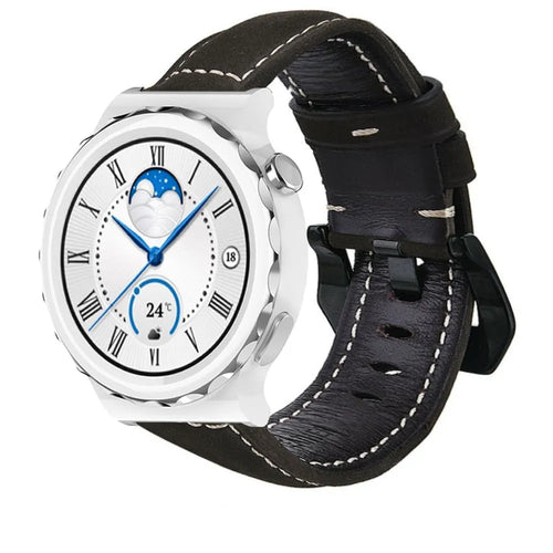 Leather Strap, black, on a watch, 3/4 front view