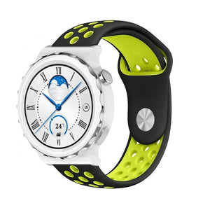 Silicone Sport Strap, black/yellow, on a watch, 3/4 front view