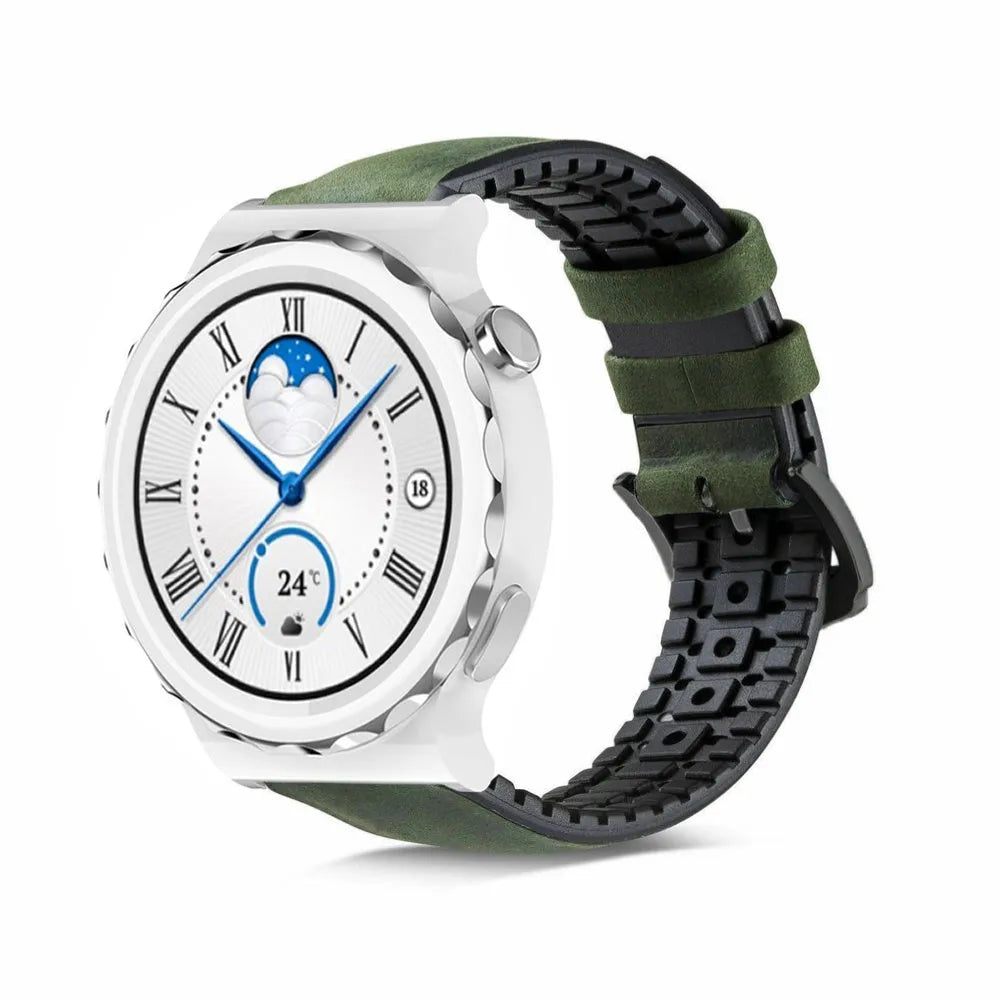Leather Hybrid Strap, green, on a watch, 3/4 front view