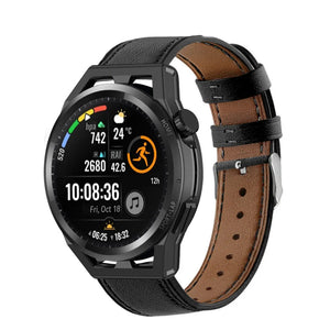 Modern Leather Strap, black, on a watch, 3/4 front view