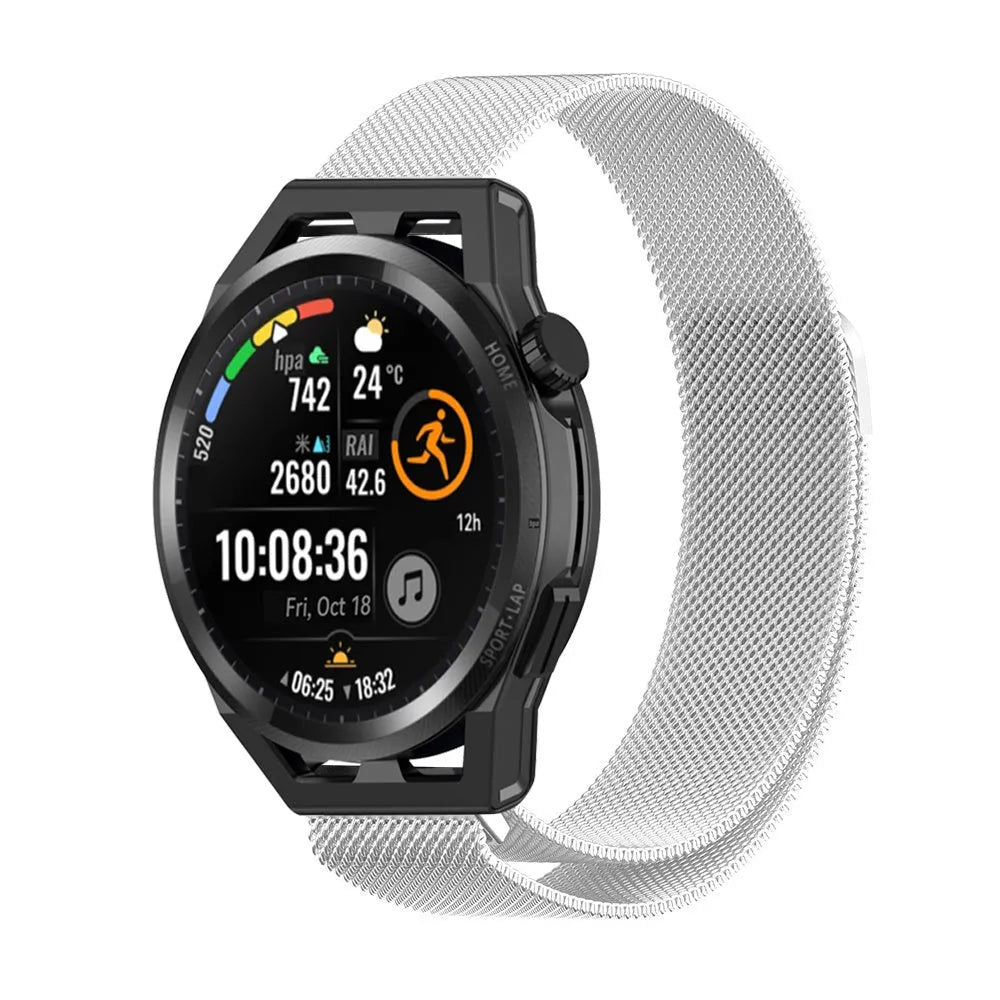 Milanese Strap, silver, on a watch, 3/4 front view