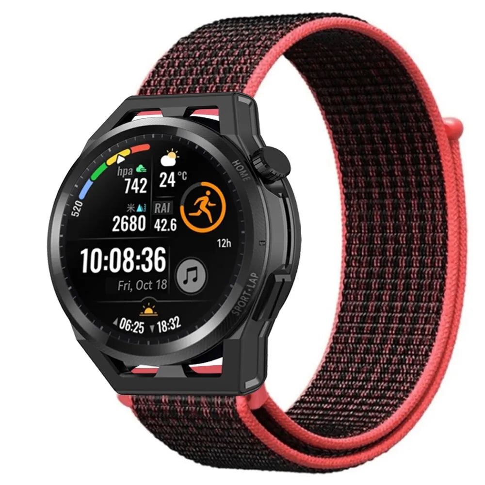 Nylon Strap, black/coral, on a watch, 3/4 front view