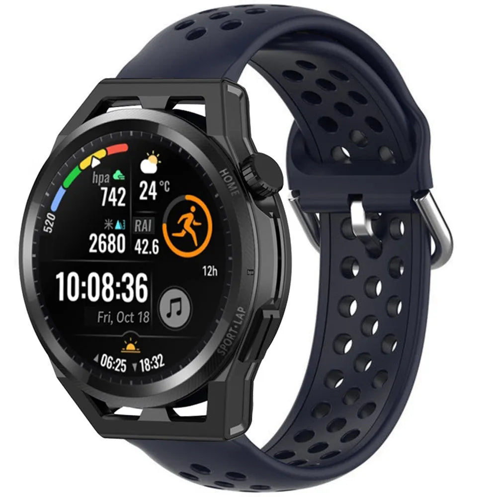 Breathable Silicone Strap, dark blue, on a watch, 3/4 front view