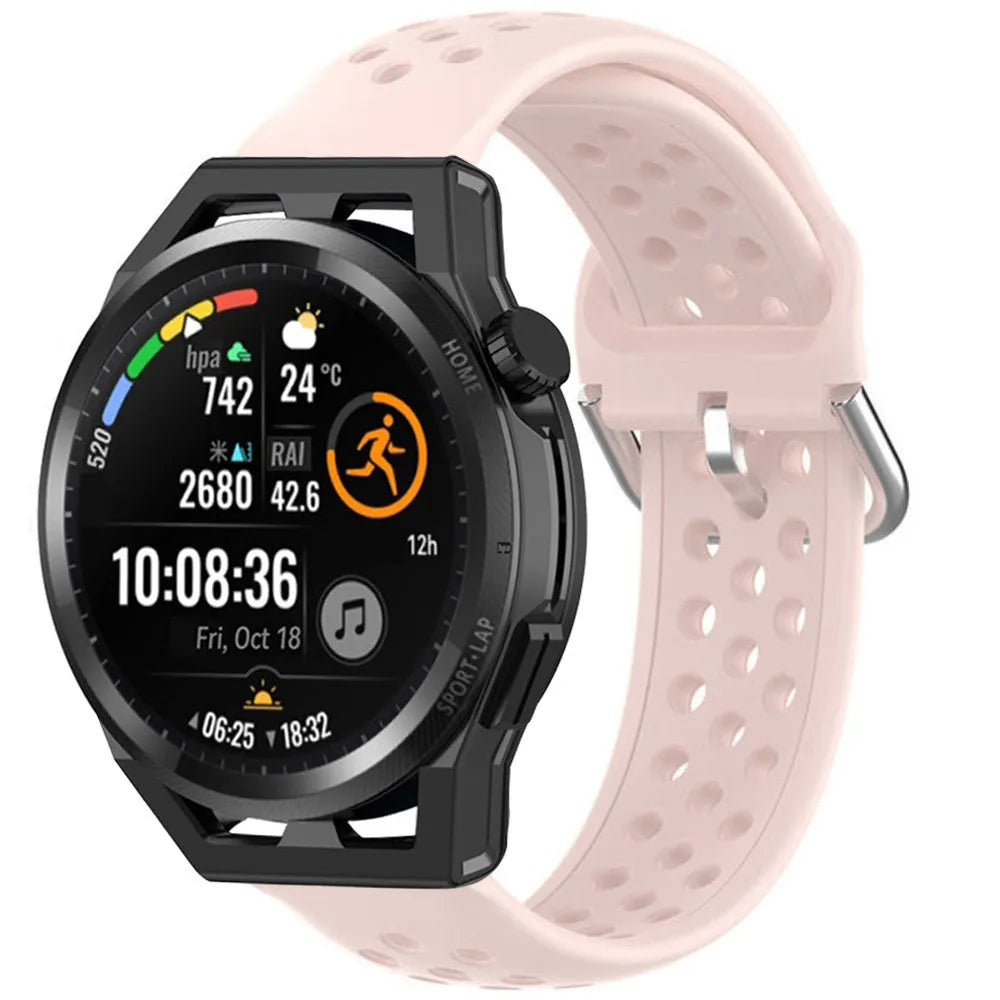 Breathable Silicone Strap, pink, on a watch, 3/4 front view