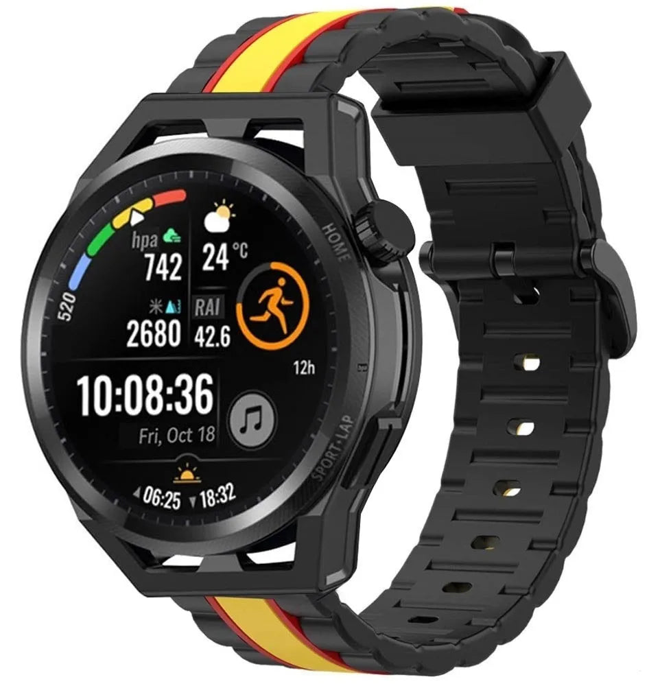 Silicone Special Edition Strap, black/yellow, on a watch, 3/4 front view