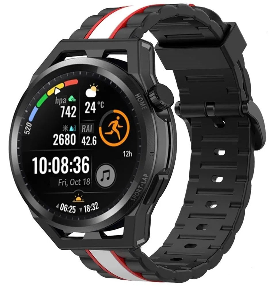 Silicone Special Edition Strap, black/white, on a watch, 3/4 front view
