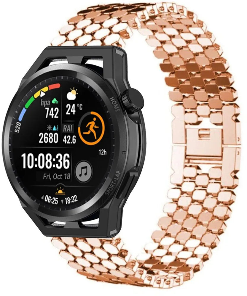 Steel Strap Hexagons, rose gold, on a watch, 3/4 front view
