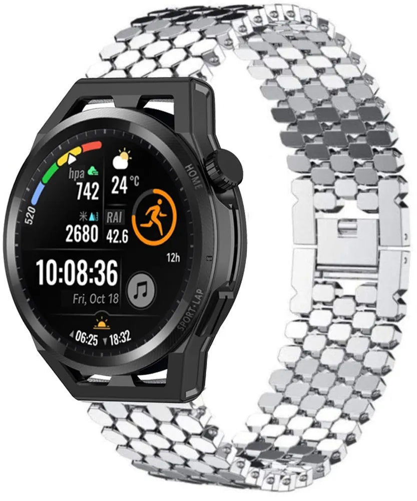 Steel Strap Hexagons, silver, on a watch, 3/4 front view