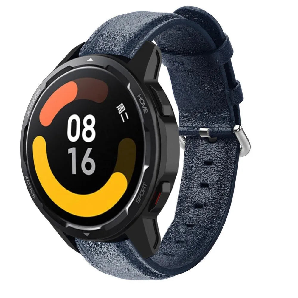 Leather Strap, dark blue, on a watch, 3/4 front view
