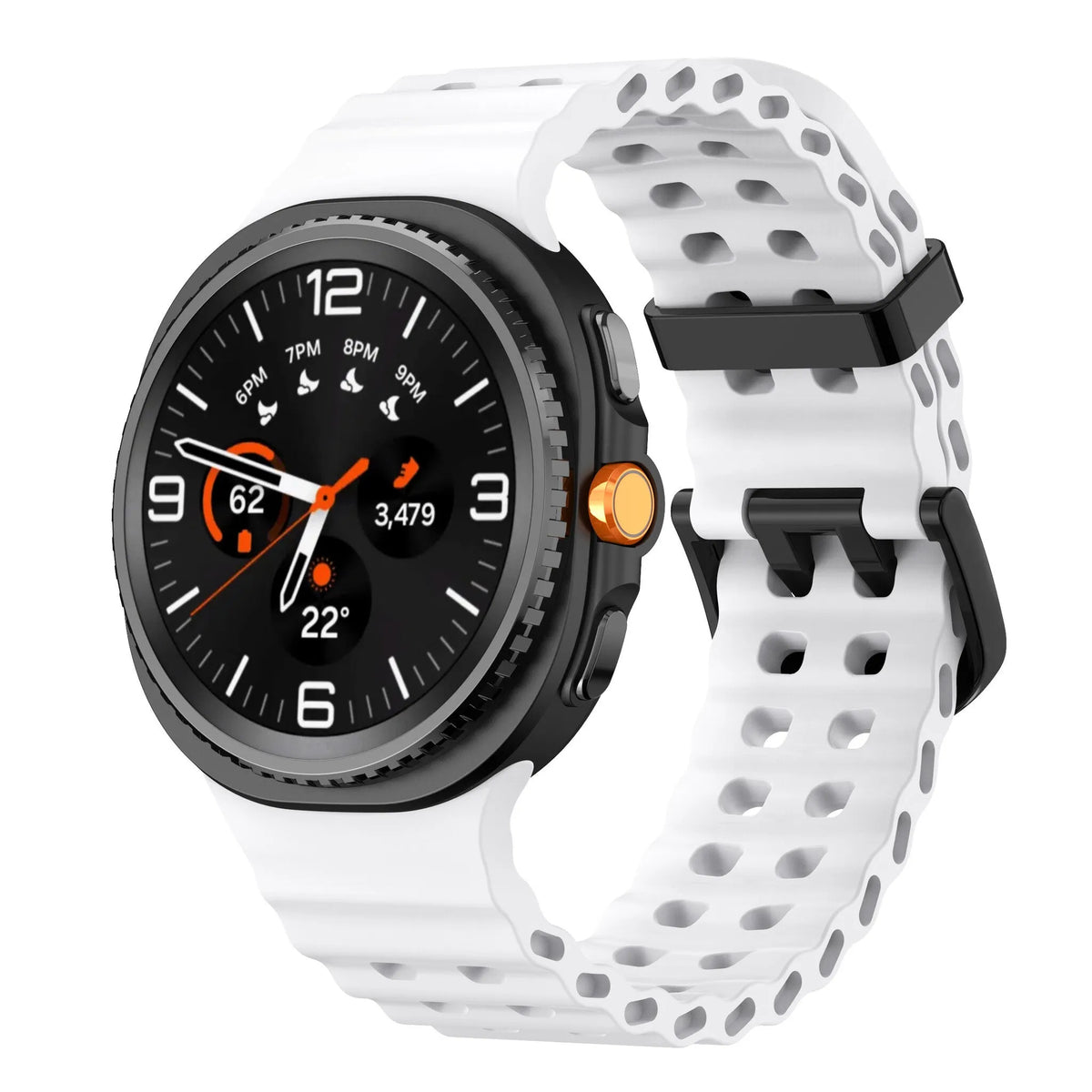 Silicone Ocean Strap, white, on a watch, 3/4 front view
