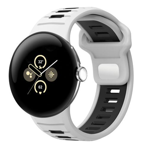 Silicone Sport Duo Strap, white/black, on a watch, 3/4 front view