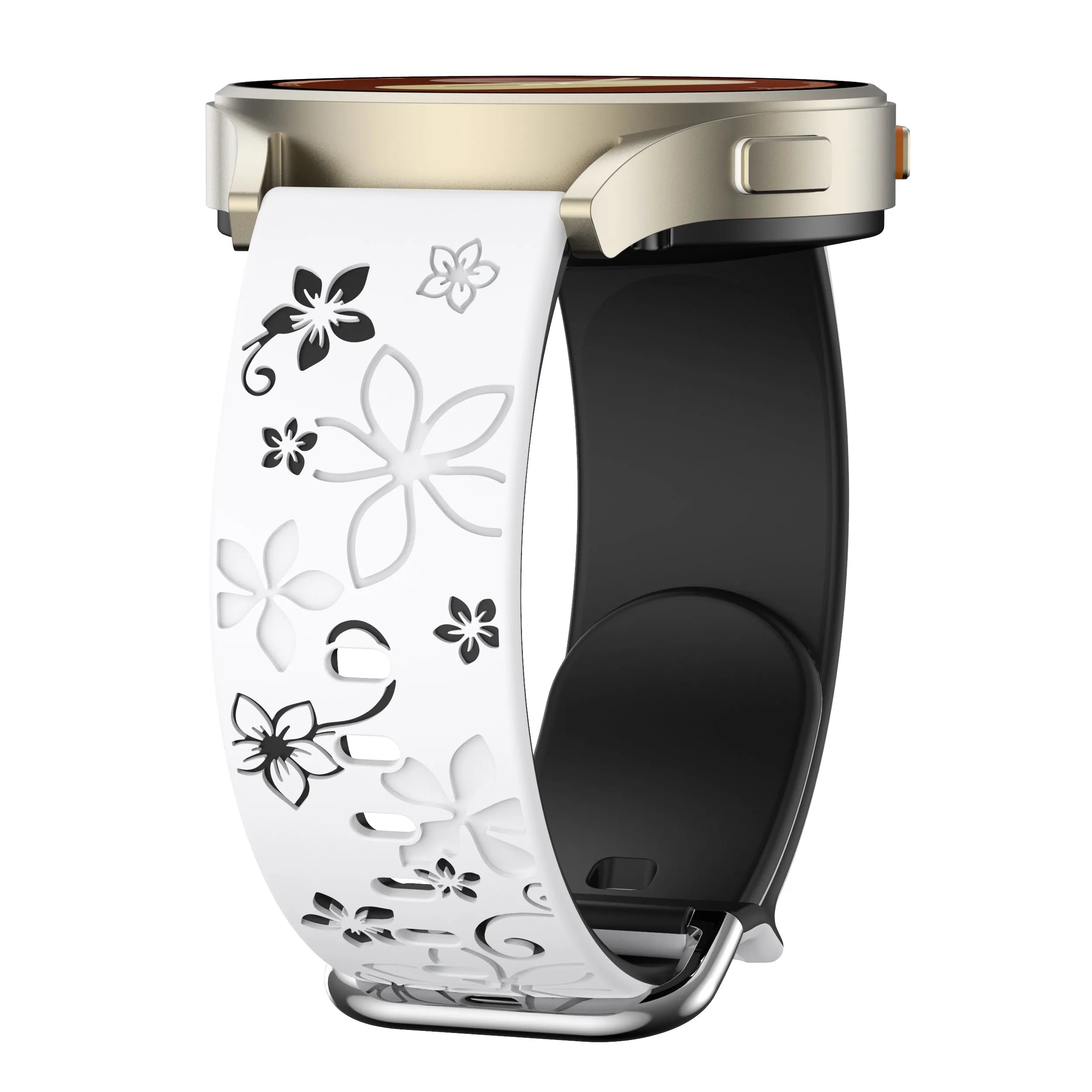 Flower Silicone Strap, white/black, on a watch, 3/4 front view