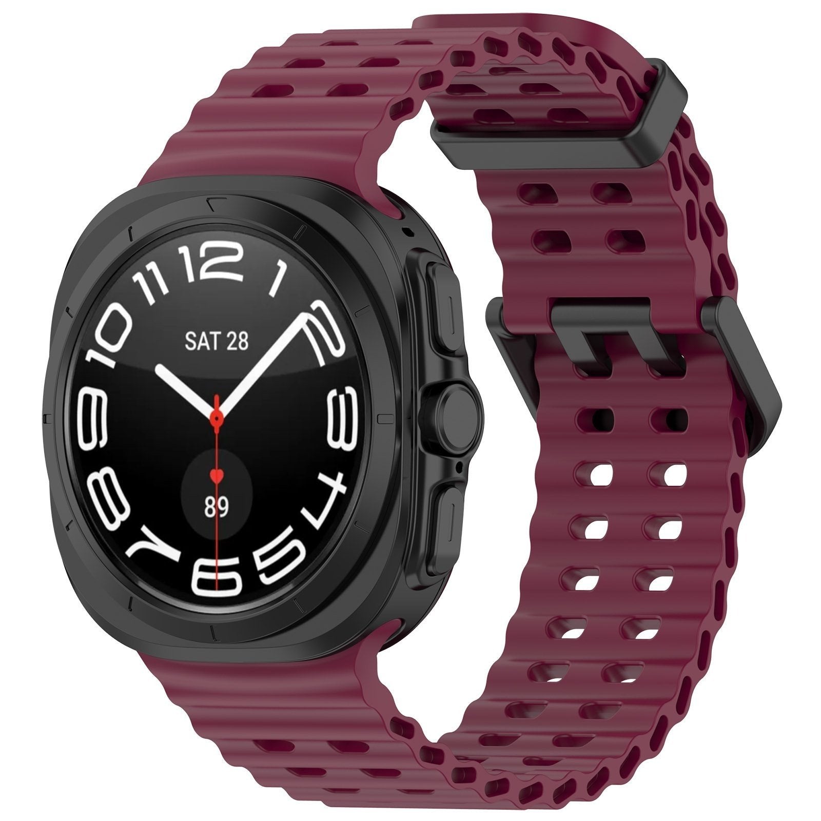 Silicone Ocean Strap, wine red, on a watch, 3/4 front view