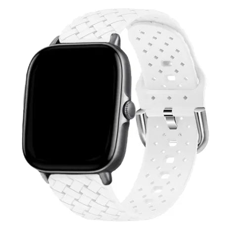 Braided Silicone Strap, white, on a watch, 3/4 front view