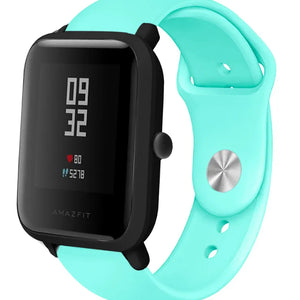 Silicone Sport Strap, aqua, on a watch, 3/4 front view