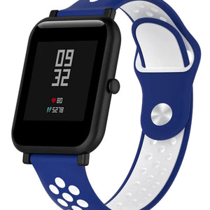Silicone Sport Strap, blue/white, on a watch, 3/4 front view