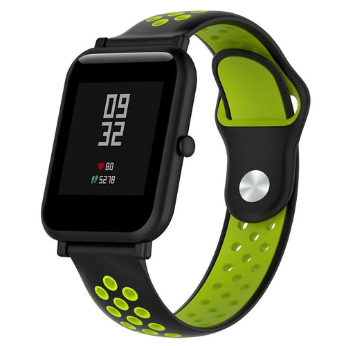 Silicone Sport Strap, black/yellow, on a watch, 3/4 front view