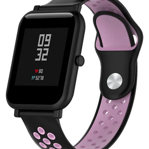 Silicone Sport Strap, black/pink, on a watch, 3/4 front view