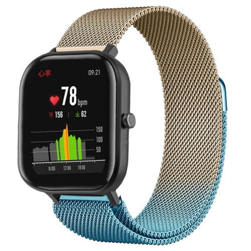Milanese Strap, blue/gold, on a watch, 3/4 front view