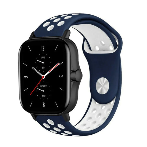 Silicone Sport Strap, blue/white, on a watch, 3/4 front view