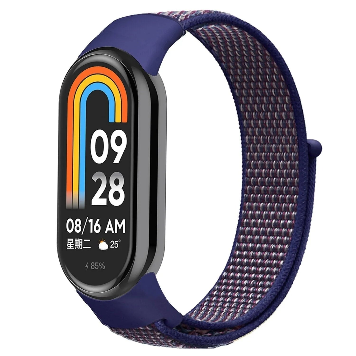 Nylon Strap, indigo, on a watch, 3/4 front view