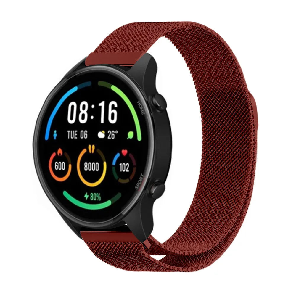 Milanese Strap, red, on a watch, 3/4 front view