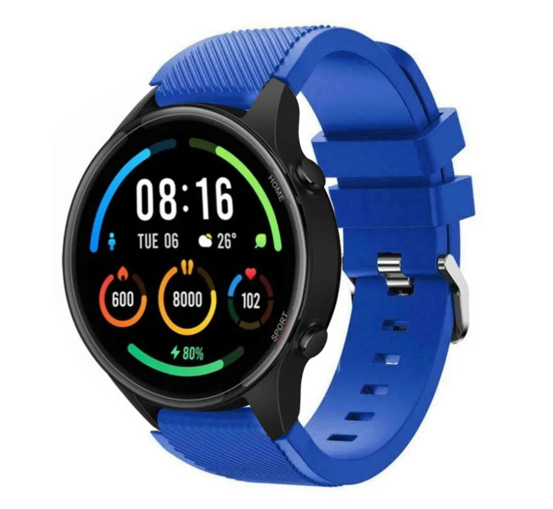 Twill Silicone Strap, blue, on a watch, 3/4 front view