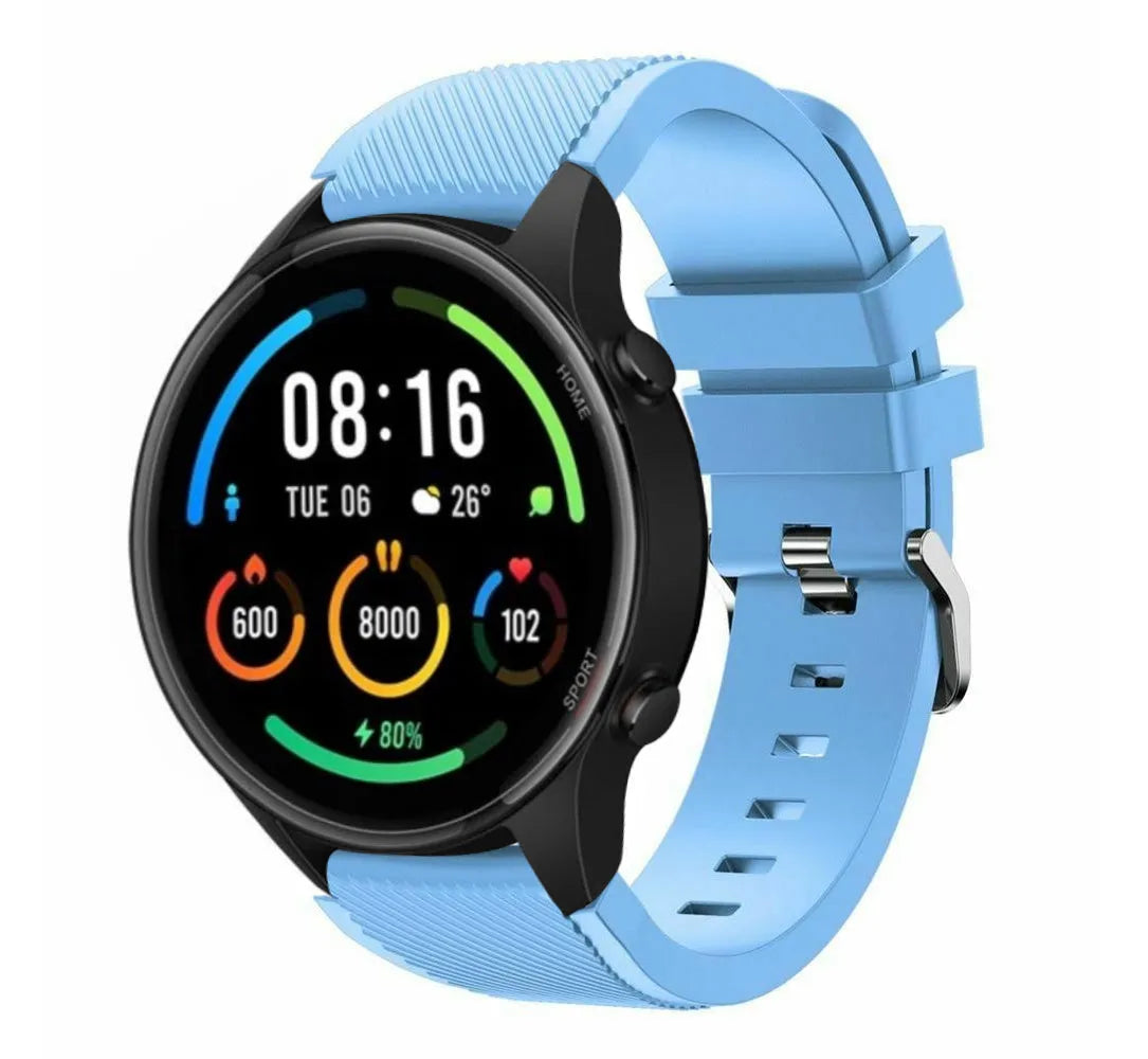 Twill Silicone Strap, sand blue, on a watch, 3/4 front view