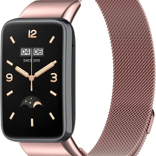 Milanese Strap, pink, on a watch, 3/4 front view