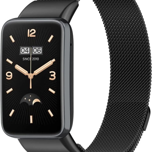 Milanese Strap, black, on a watch, 3/4 front view