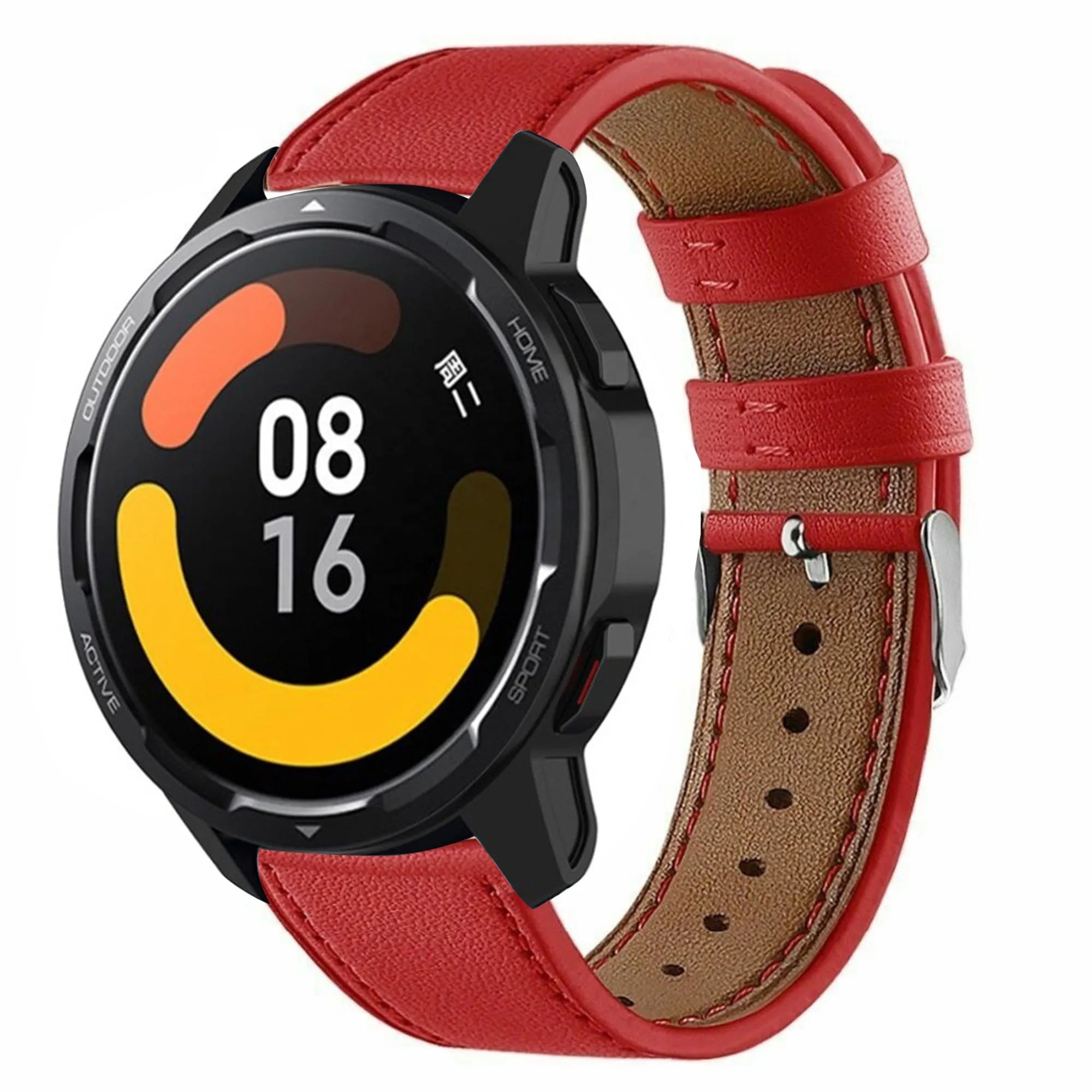 Modern Leather Strap, red, on a watch, 3/4 front view