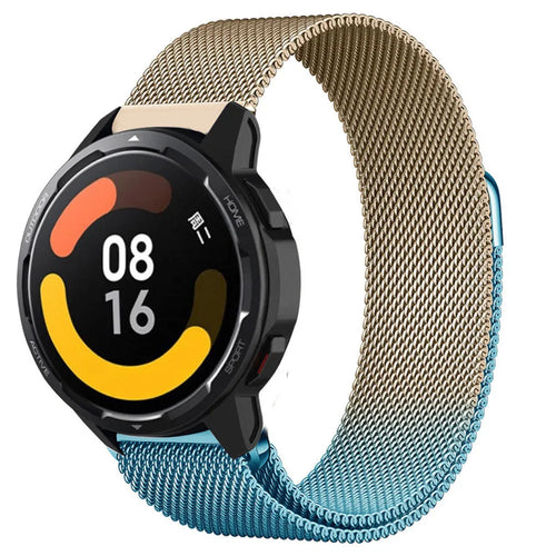 Milanese Strap, blue/gold, on a watch, 3/4 front view