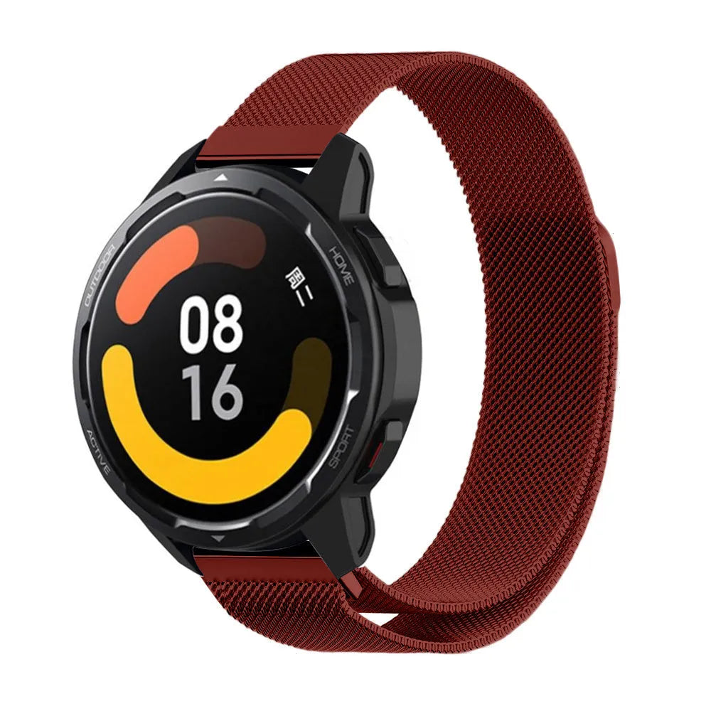Milanese Strap, red, on a watch, 3/4 front view
