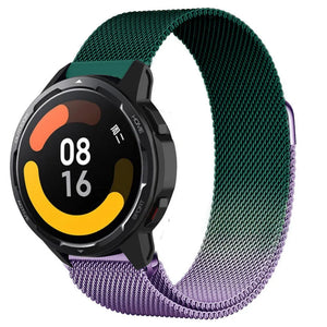 Milanese Strap, purple/green, on a watch, 3/4 front view