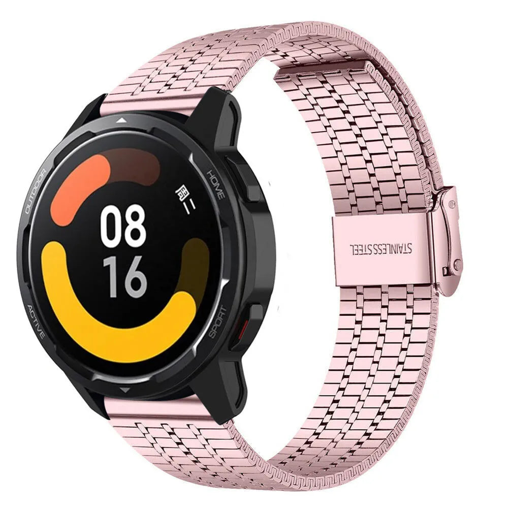 Fine Steel Strap, pink, on a watch, 3/4 front view