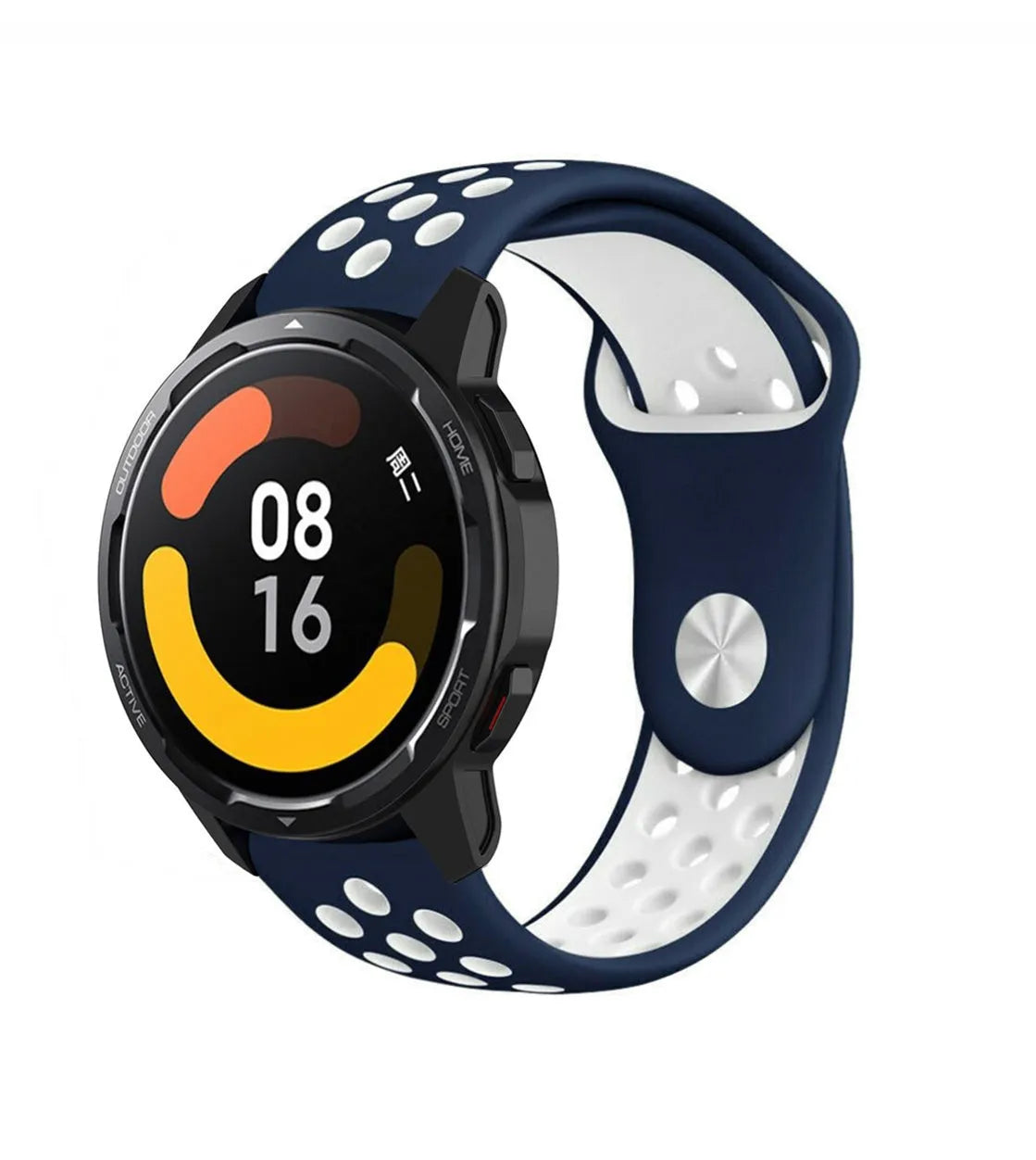 Silicone Sport Strap, blue/white, on a watch, 3/4 front view
