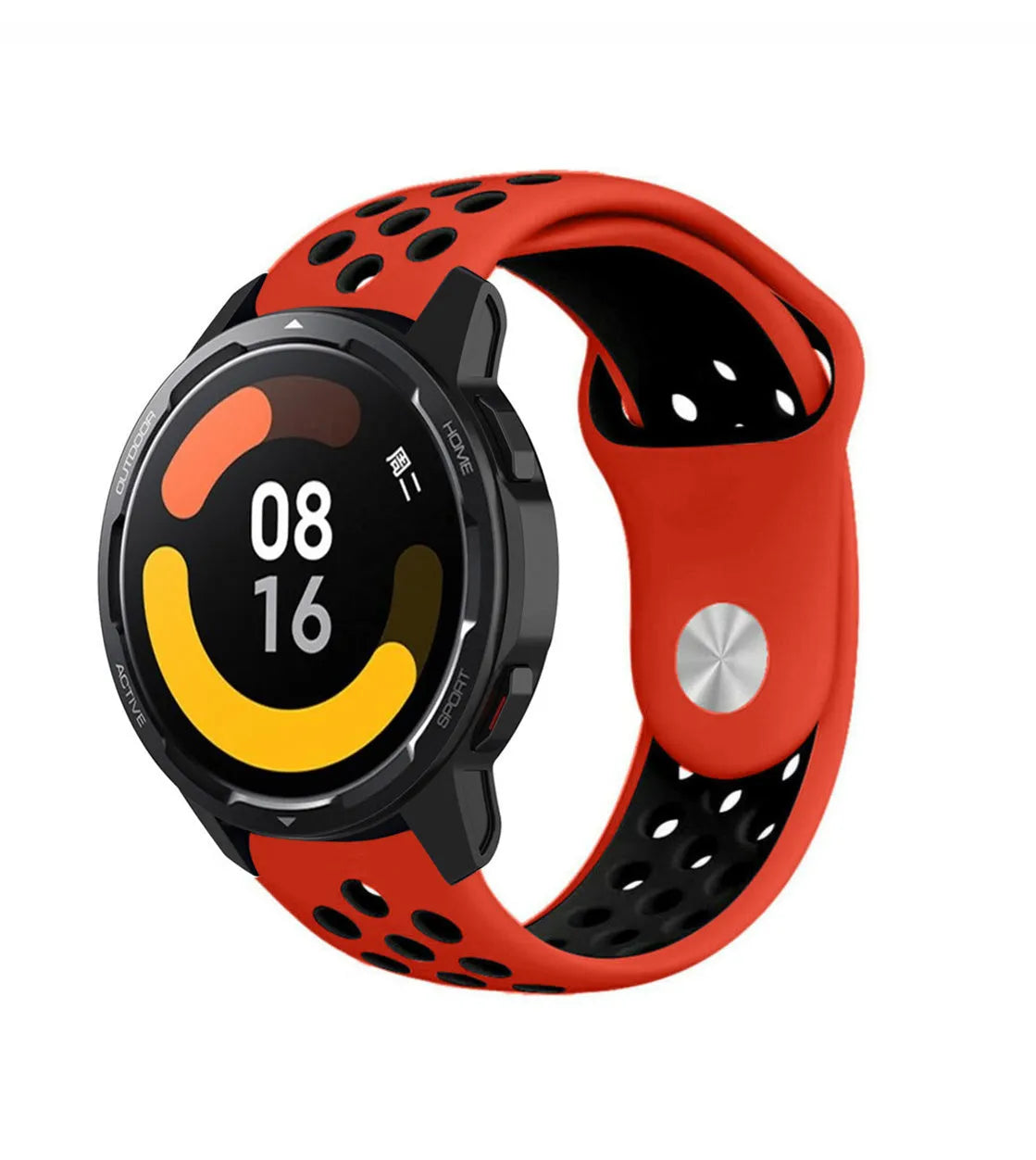 Silicone Sport Strap, red/black, on a watch, 3/4 front view