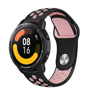 Silicone Sport Strap, black/pink, on a watch, 3/4 front view
