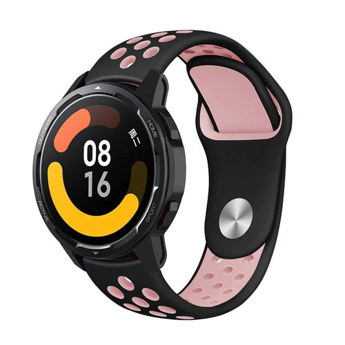 Silicone Sport Strap, black/pink, on a watch, 3/4 front view