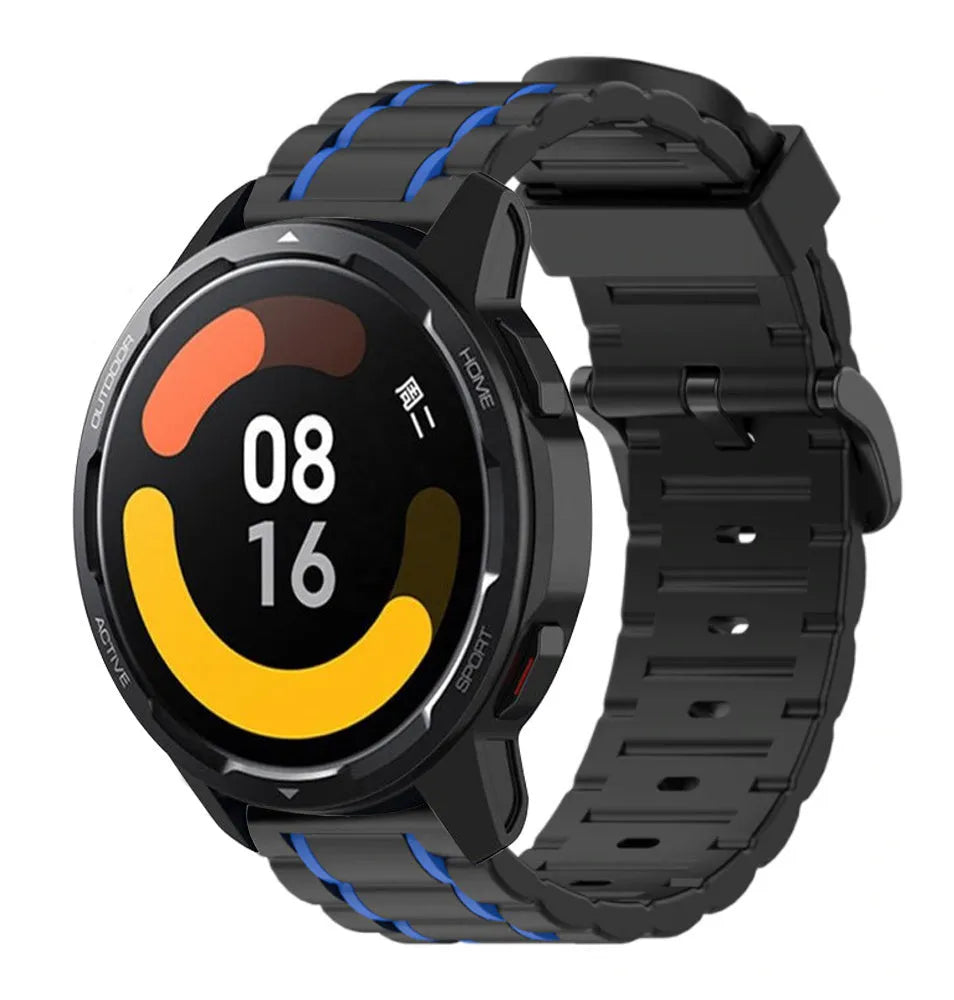 Silicone Sport Strap with Buckle, black/blue, on a watch, 3/4 front view