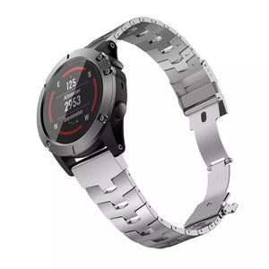 Titanium Strap, silver, on a watch, 3/4 front view