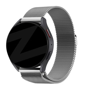 Milanese Loop Strap, silver, on a watch, 3/4 front view