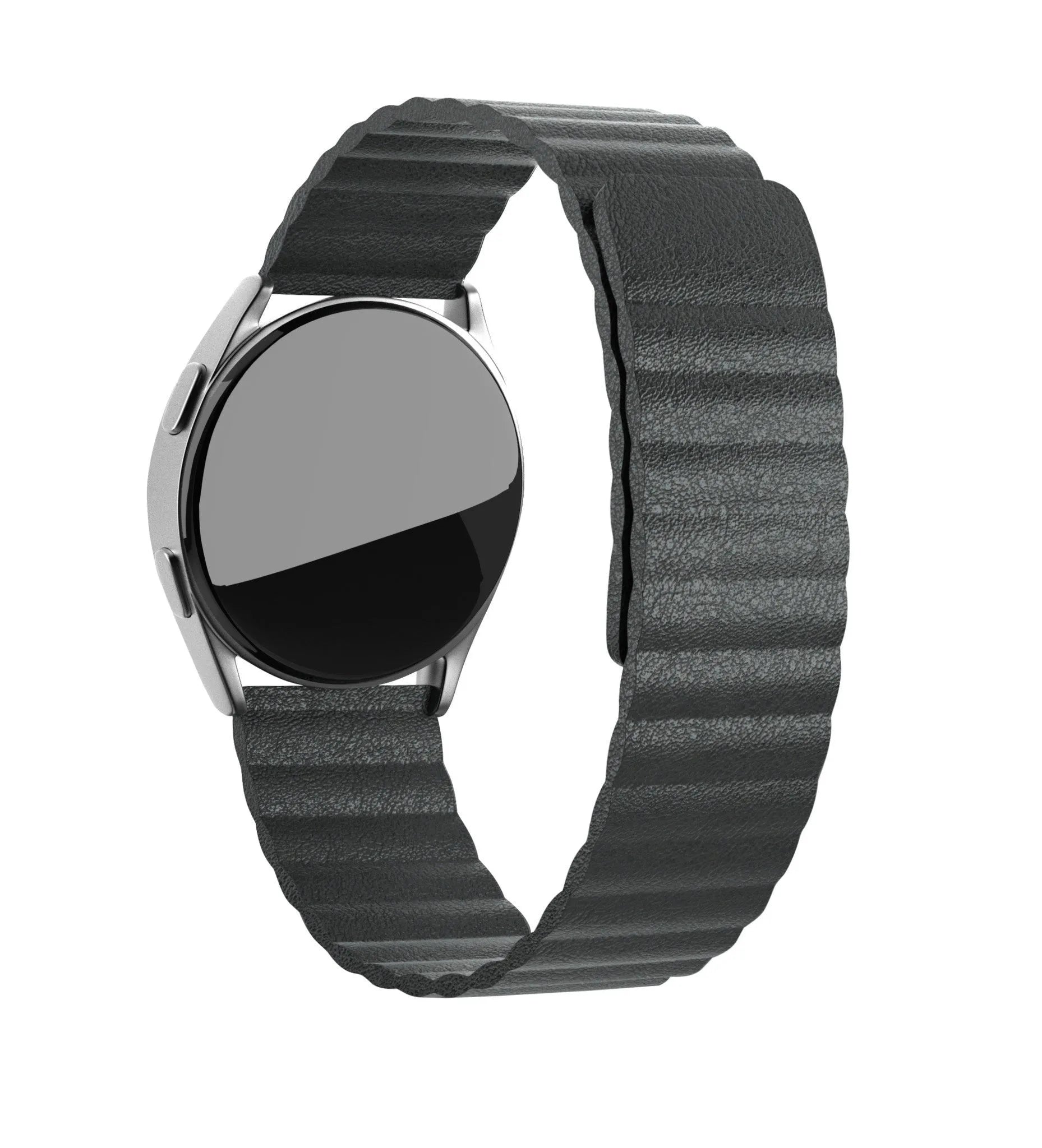Leather Loop Strap, black, on a watch, 3/4 front view