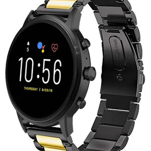 Steel Strap, black/gold, on a watch, 3/4 front view