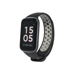 Silicone Sport Strap, black/grey, on a watch, 3/4 front view